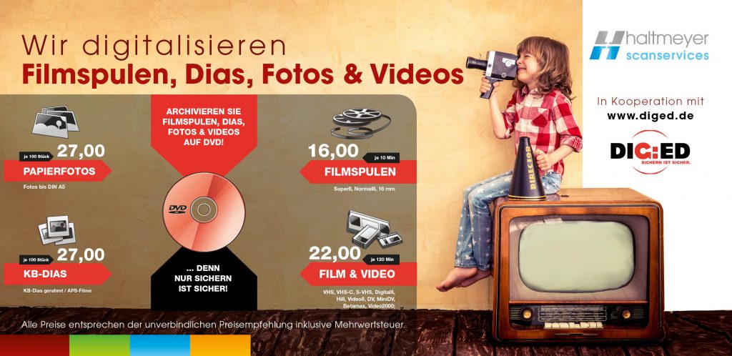 Promo Banner für Digitalisierung von Fotos, Dias, Filmspulen, Videos und vieles mehr